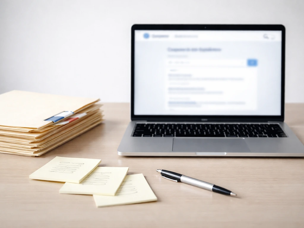 Laptop showing corporate registry search with a sticky-note list and folder stack suggesting public-record checks