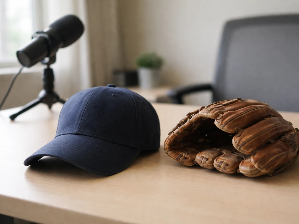 Baseball glove and cap on an office desk beside a microphone, suggesting sports media analysis