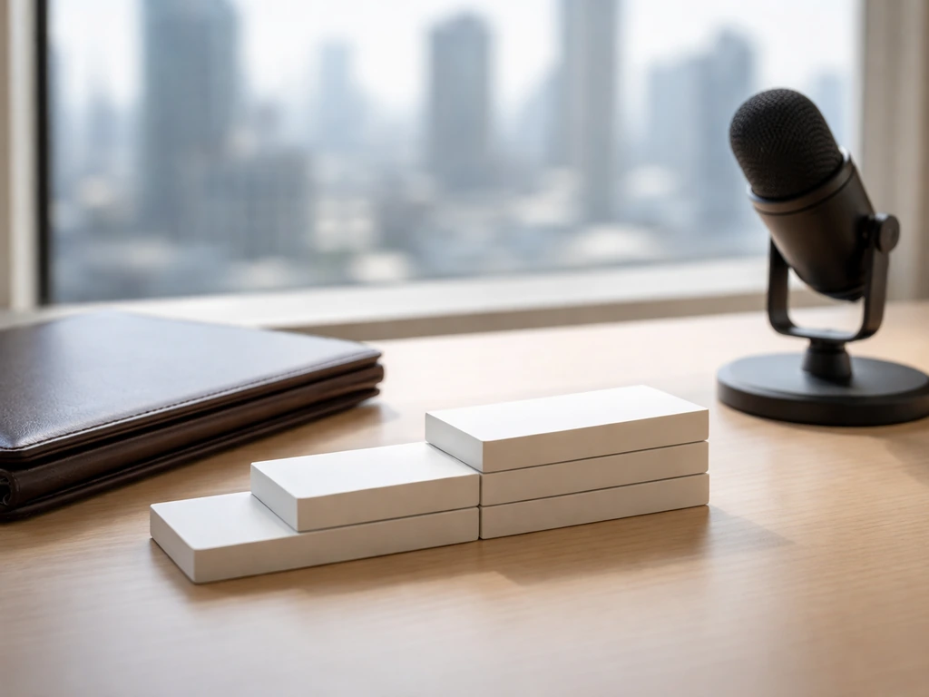 Minimal photo of an anonymous financial workspace with five stacked cash-like cards beside a blurred city view