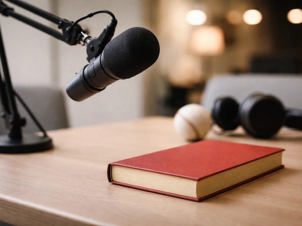 Studio microphone beside a red book with gold edges, blending broadcast and co-authored memoir cues.