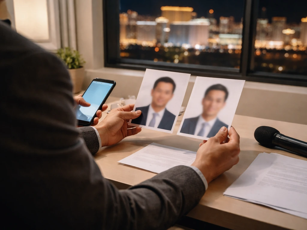 Anonymous office desk with blurred side-by-side headshots and a phone, symbolizing an identity check.
