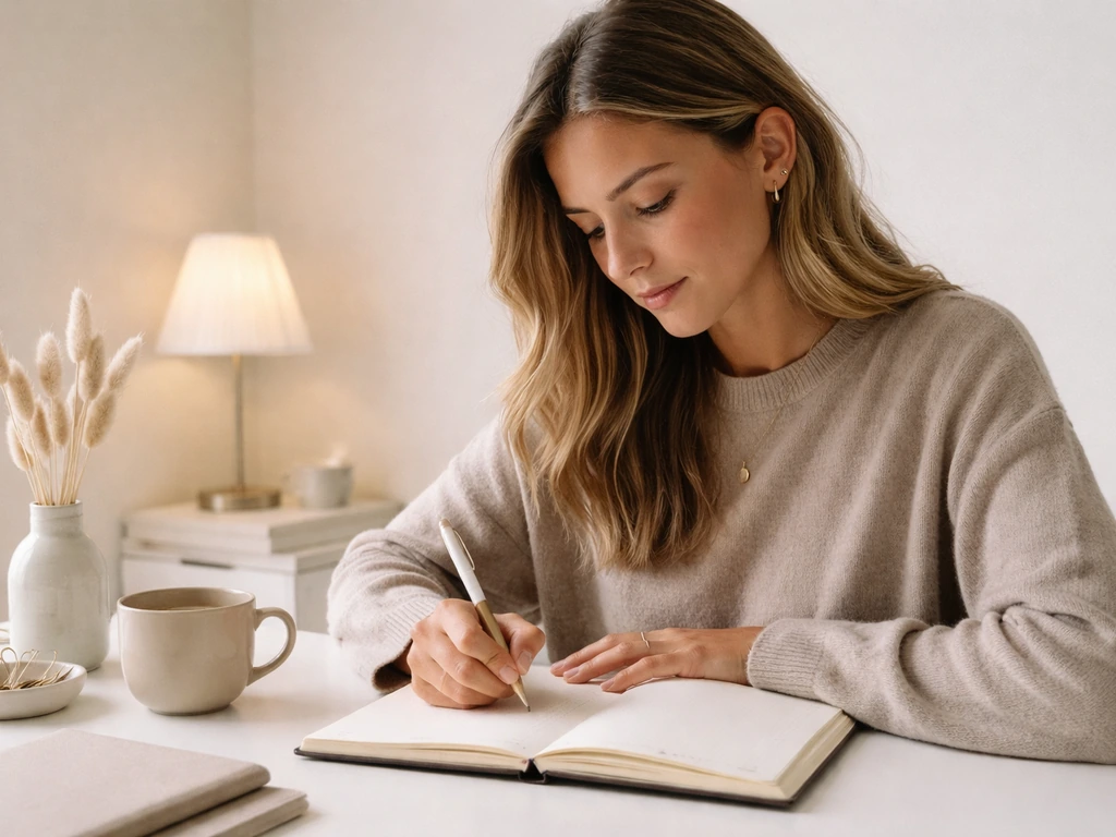 Woman journaling at a tidy desk with a notebook and pen, suggesting name variants and separate identities