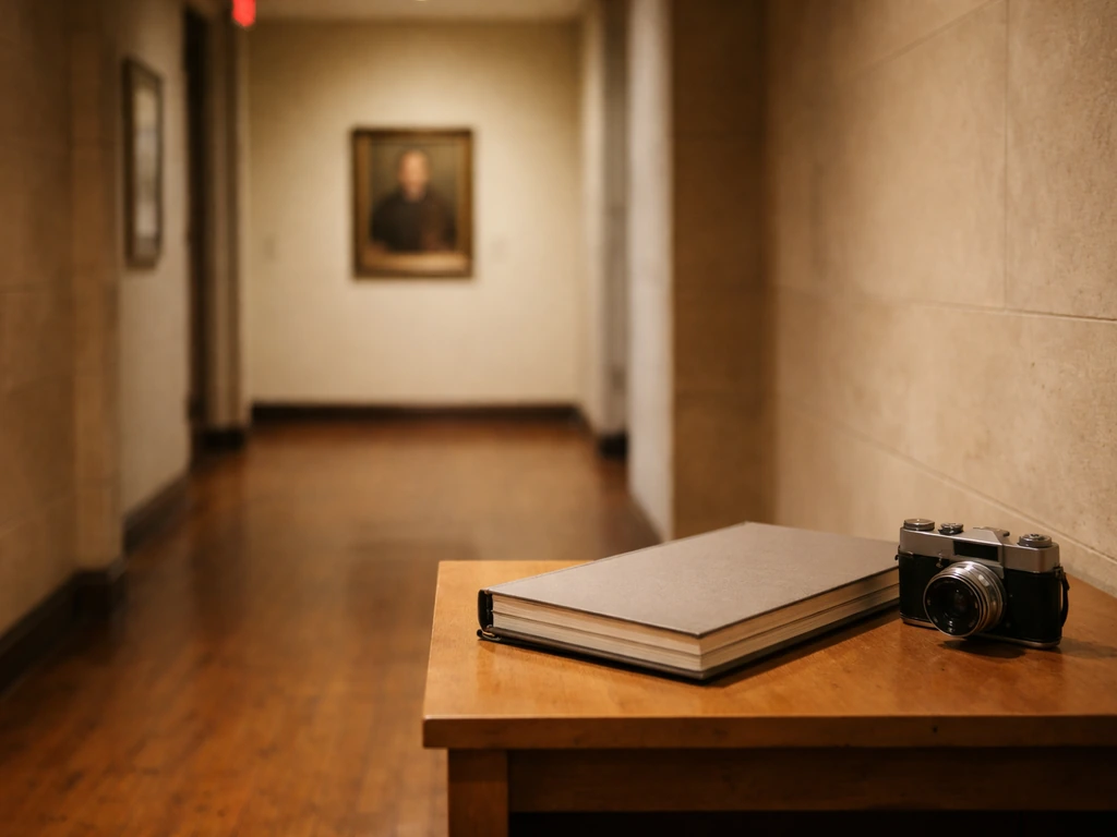 Empty museum/archive room with framed historical portrait and soft light suggesting political history