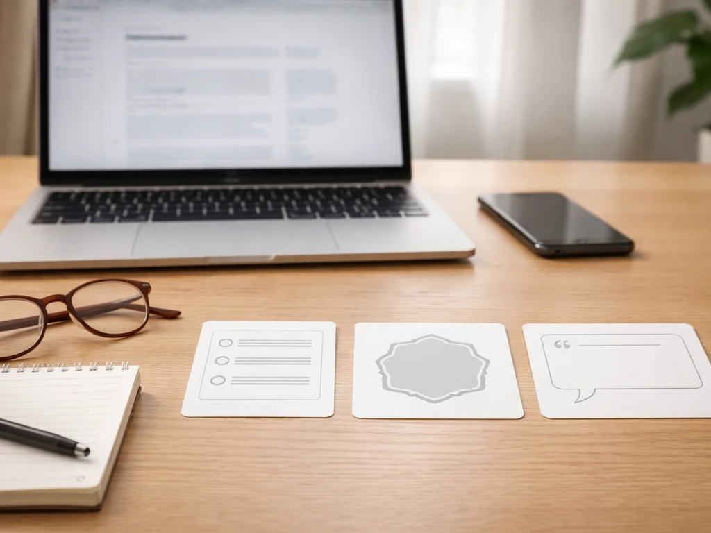 Minimal desk scene with laptop, phone, blank checklist cards suggesting how to verify a current estimate.