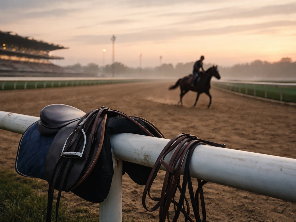 Horse-racing track at dawn with racing gear in the foreground and blurred silhouettes in the distance.