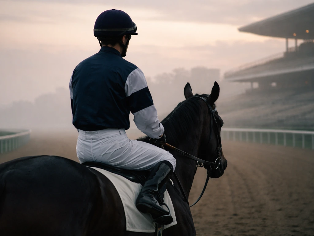 Anonymous jockey on a horse at a quiet racetrack with blurred stands in the background.