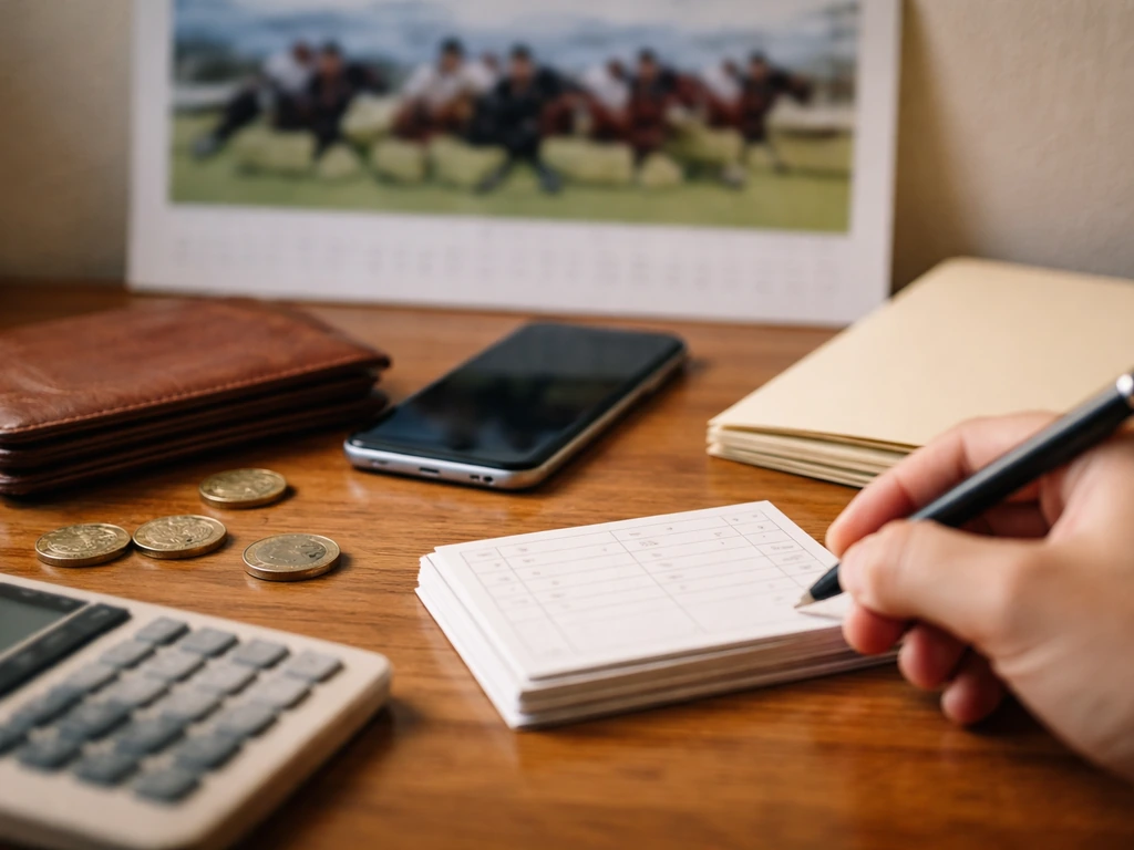 Desk close-up showing a pen, blank ledger cards, wallet, and phone for net-worth estimating workflow.