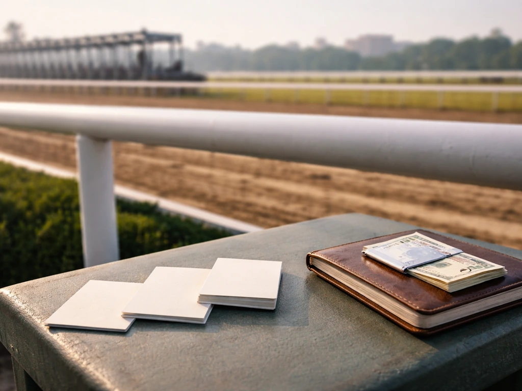 Race track bench with blank entry cards and a notebook, implying career milestones toward wealth.