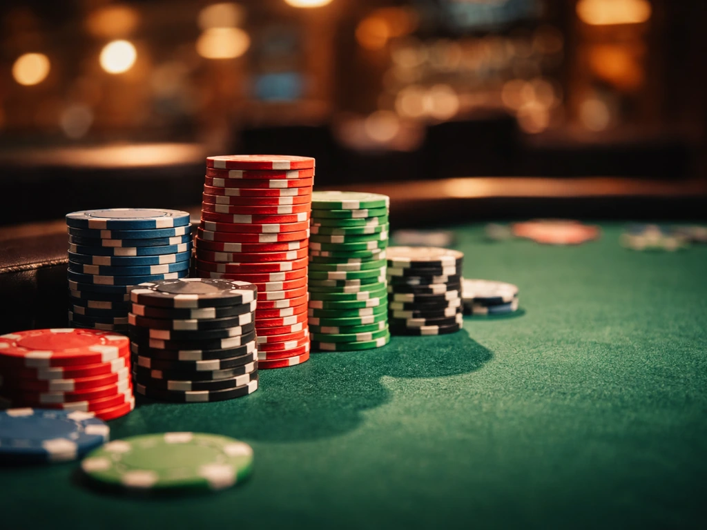 Close-up of poker chips beside a poker table under warm casino lighting