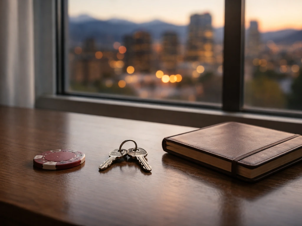 Minimal photo of a businessman’s desk with poker chip, keys, and a Colorado-style city skyline at dusk.