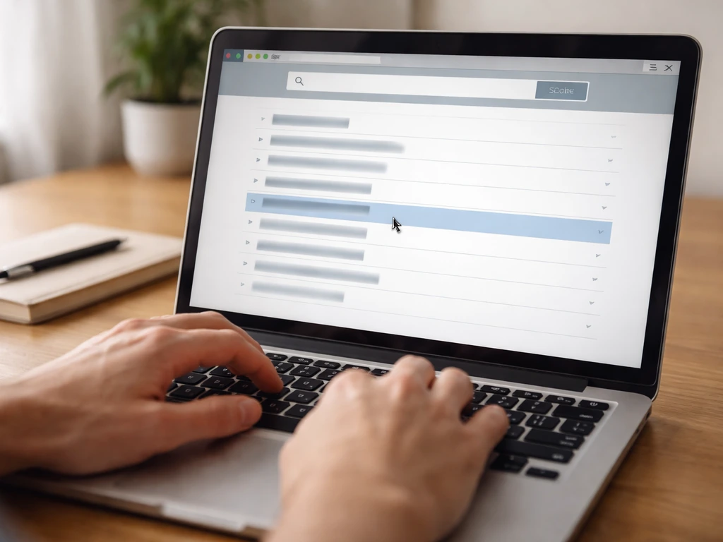 Close-up of hands using a laptop to search a state business registry website results list.