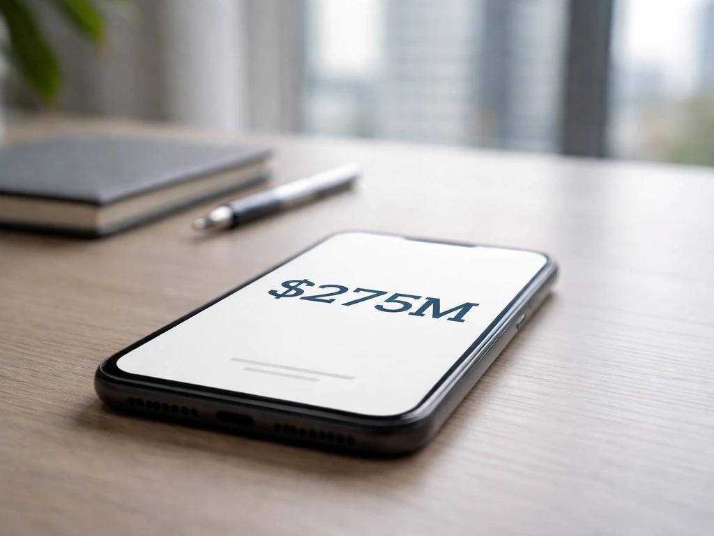 Minimal office desk with a smartphone showing an oversized outlier-style money number, symbolizing inflated net-worth cl