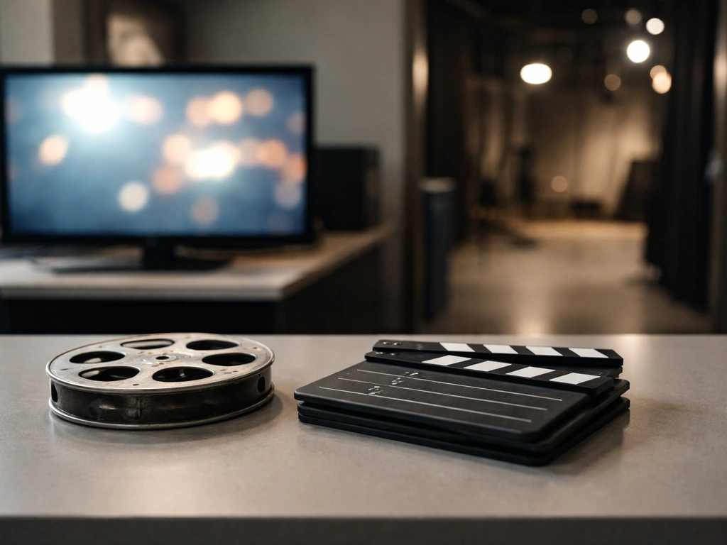 Minimal office scene with a TV studio backdrop and scattered film reels symbolizing a career built over time.
