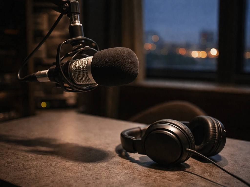 Unbranded radio studio microphone on a desk with a warm city skyline glow through a window.