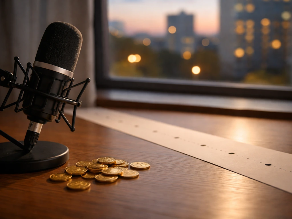 Minimal timeline-style photo with studio microphone, gold coins, and soft bokeh city lights in background