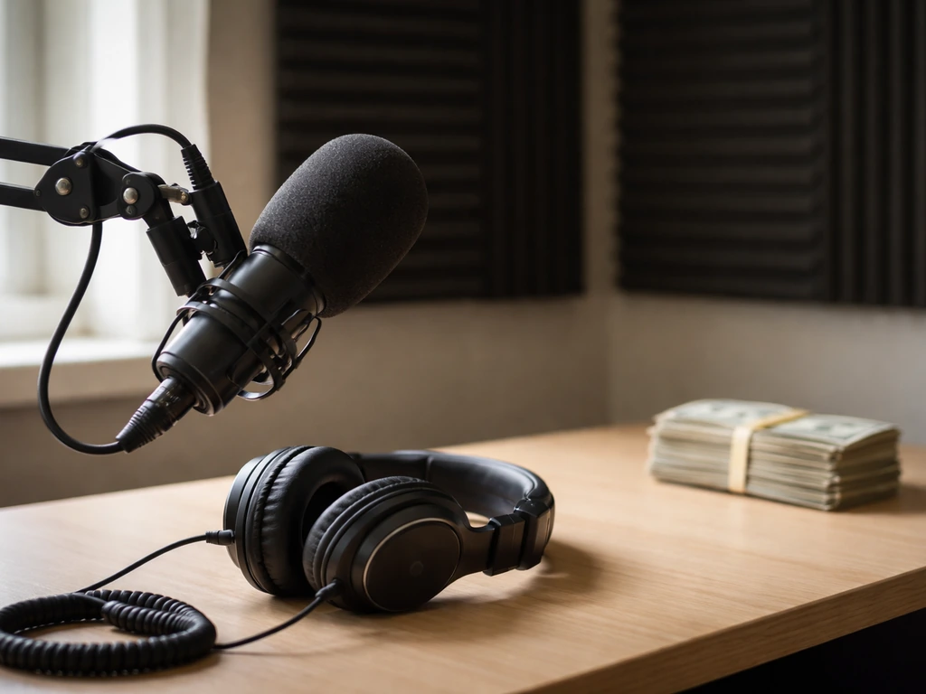 Minimal photo of a radio studio desk with a microphone and a small stack of cash, evoking wealth comparison