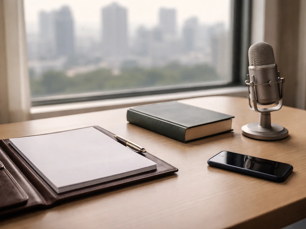 Finance desk with blank papers, phone, and microphone by a window overlooking a city skyline.