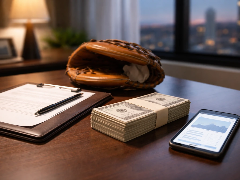 Cash stack and contract folder on a desk with a baseball glove in soft sports-media lighting.