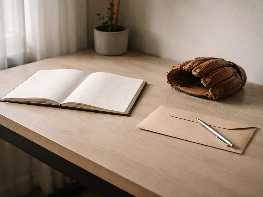 Minimal office scene with a calendar, baseball glove, and cash envelope symbolizing contract timeline.