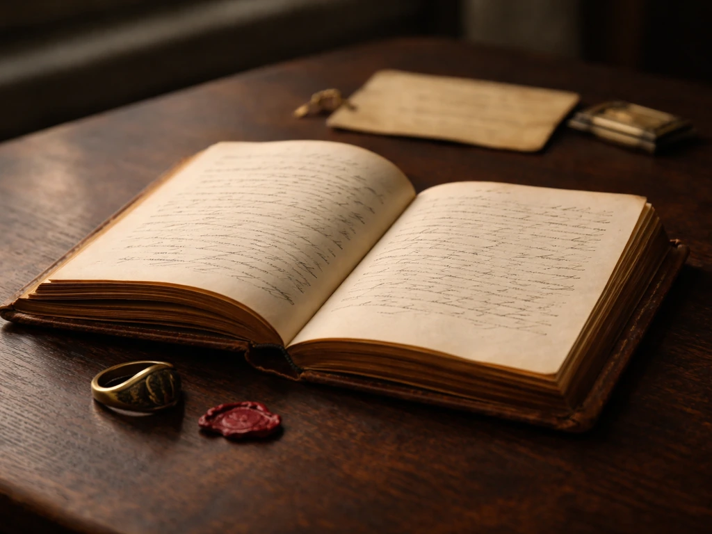 Antique book and brass signet ring on a wooden desk with blurred archival papers, suggesting noble records.
