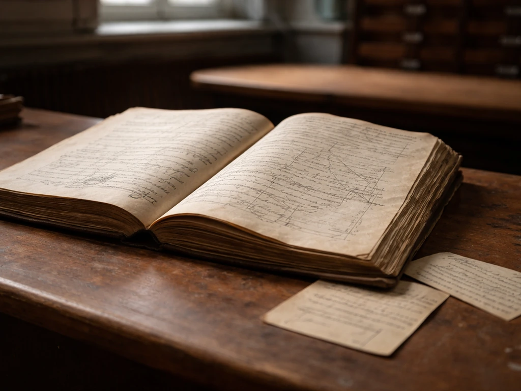 Open aged cadastre documents on a wooden desk under natural archive light