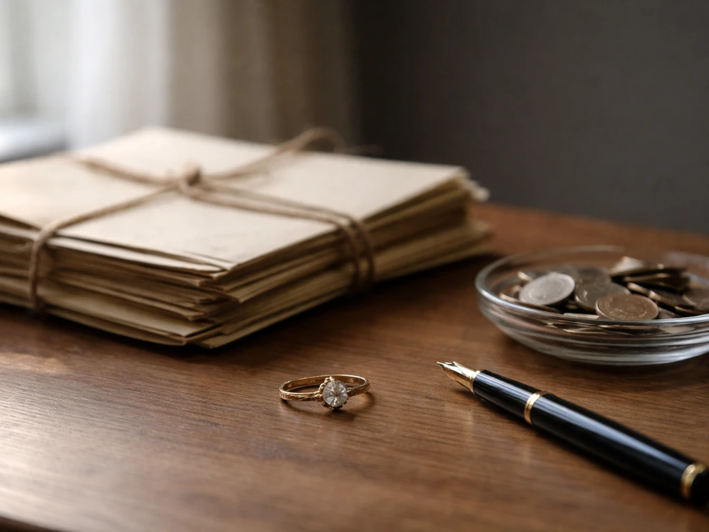Antique ring and property deed folders on a wooden desk, symbolizing inheritance and marriage-built wealth.