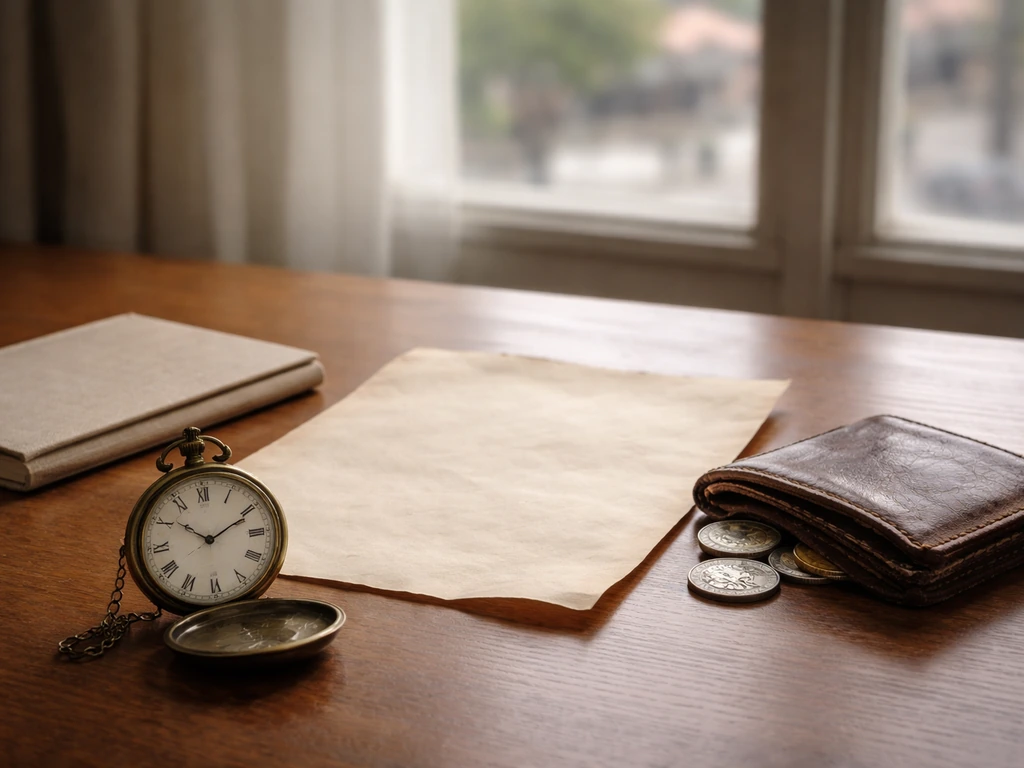 Minimal desk with antique pocket watch, coins, and parchment symbolizing a historical net worth estimate range.