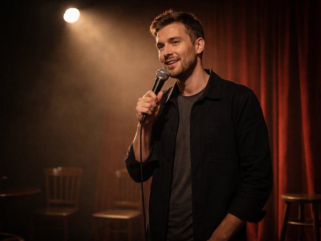 Comedian on a small stage holding a microphone under warm lights in a simple LA club setting.