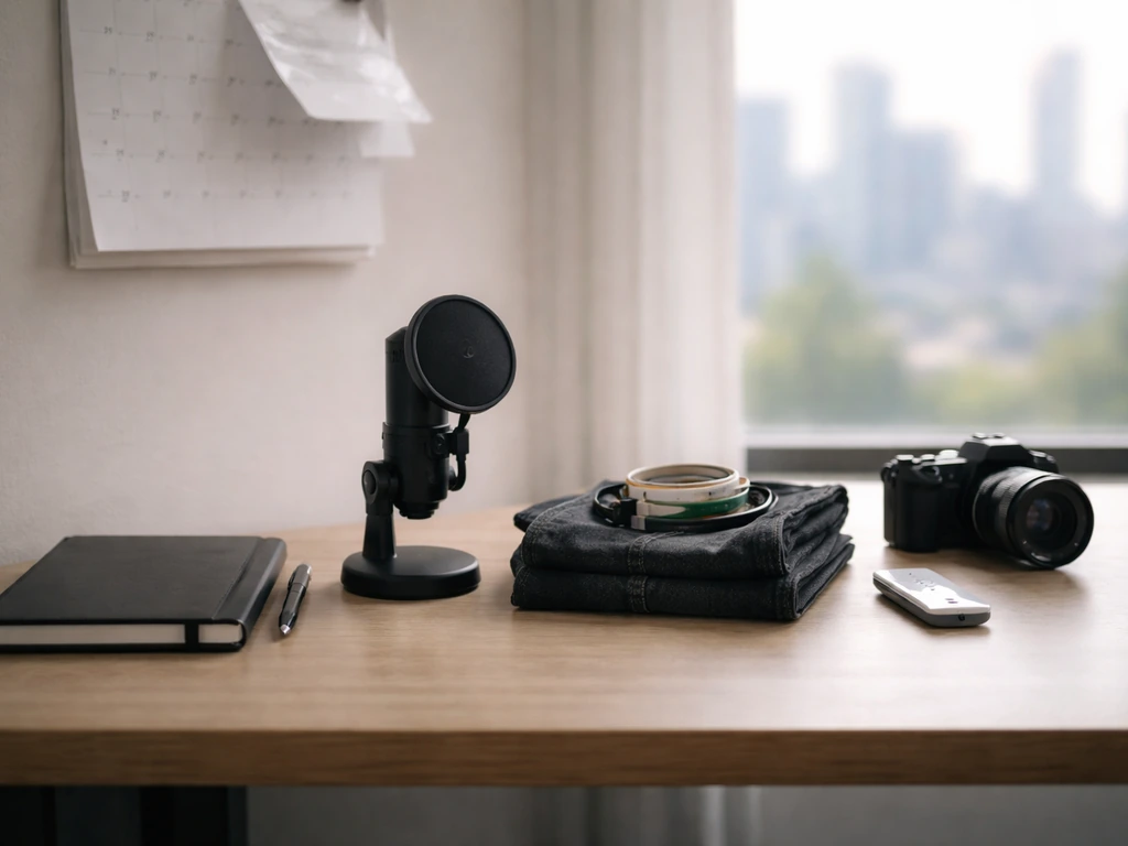 Minimal media studio desk with microphone, notebook, and travel items arranged like a timeline progression.