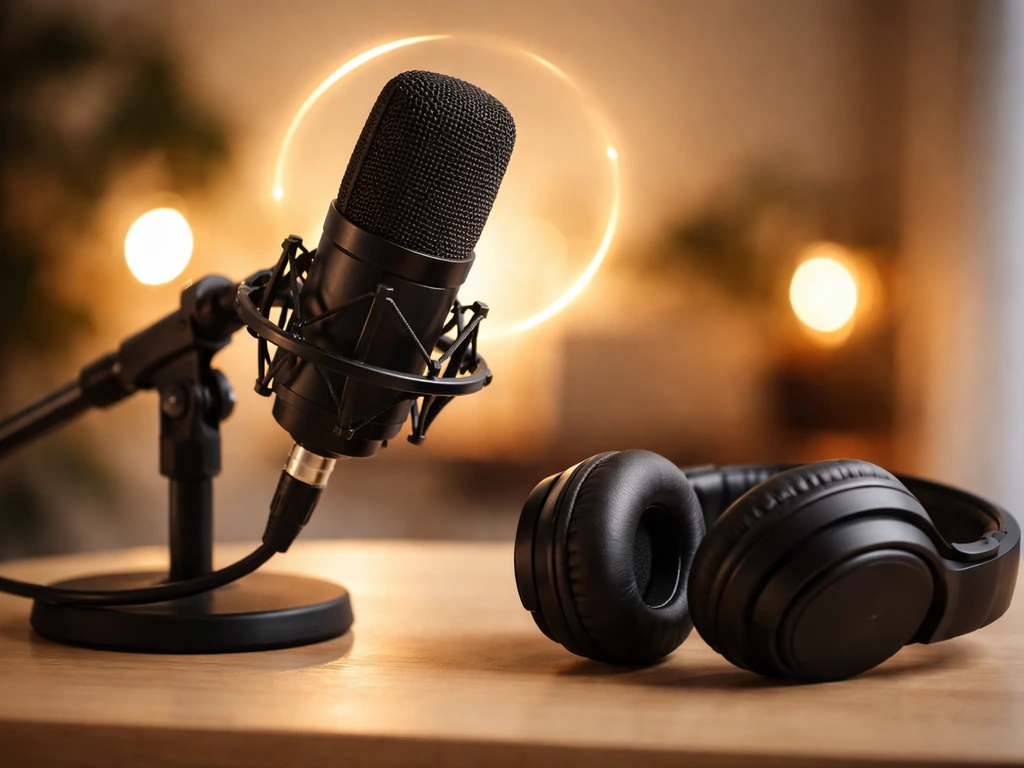 Close-up of a podcast mic and headphones on a desk with a warm studio glow