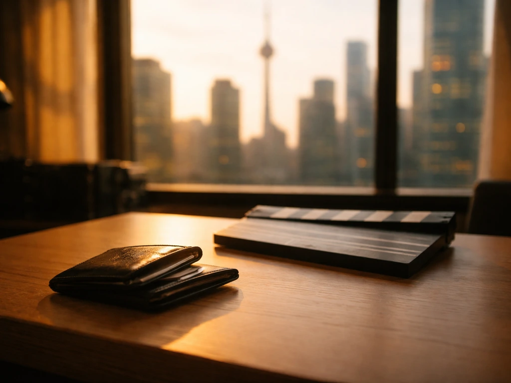 Toronto studio scene with a film clapper, soft city bokeh, and a leather wallet symbolizing wealth