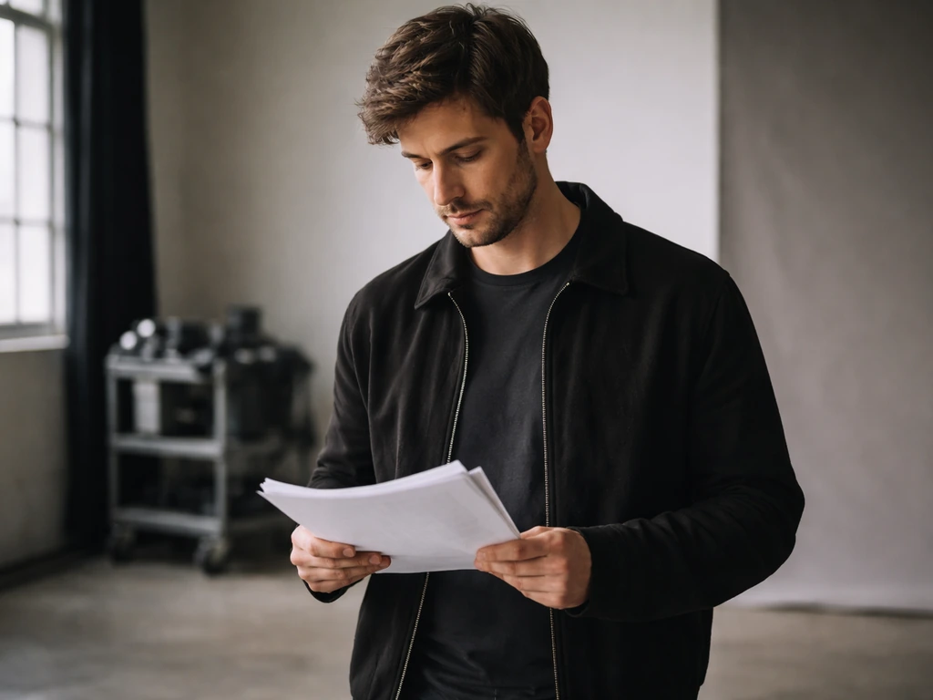 Canadian actor in a quiet Toronto-style film studio, holding script pages at an empty set