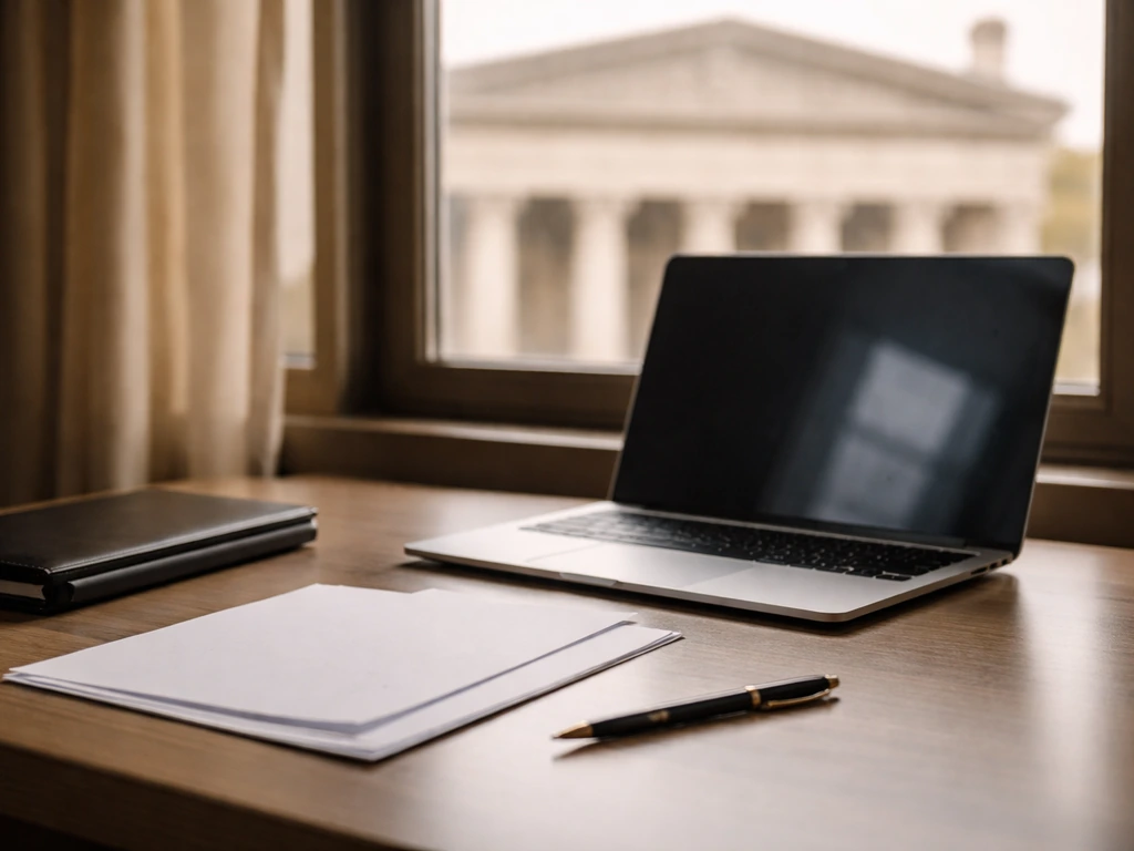 An anonymous business desk scene with a laptop, paperwork, and a courthouse building backdrop symbolizing net worth veri