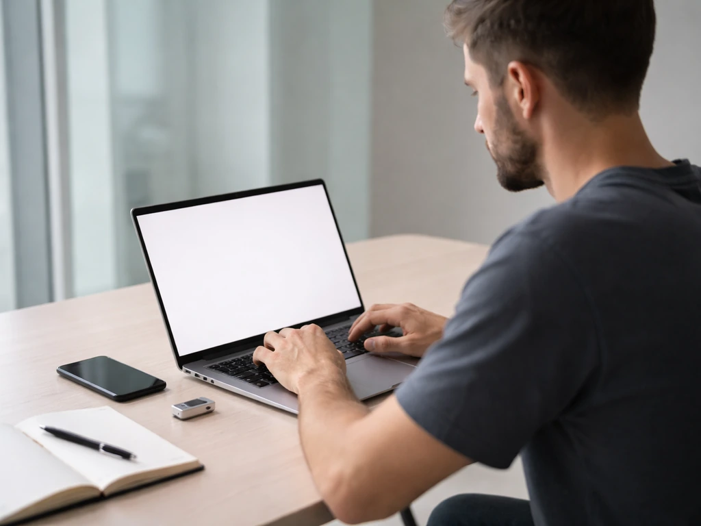 Anonymous tech entrepreneur in a minimal office workspace with laptop and smartphone, identifying Francois Bitz context.