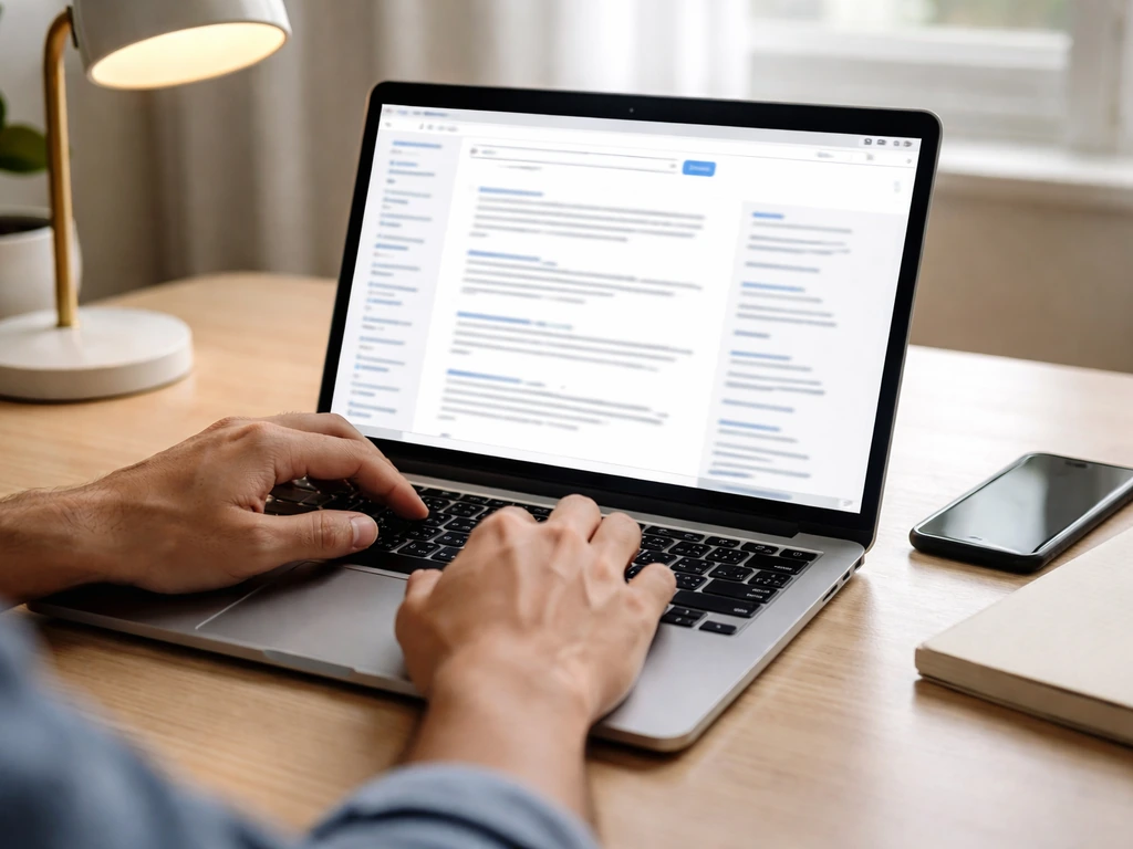 Anonymous hands using a laptop on a quiet desk to review and filter public nonprofit search results.