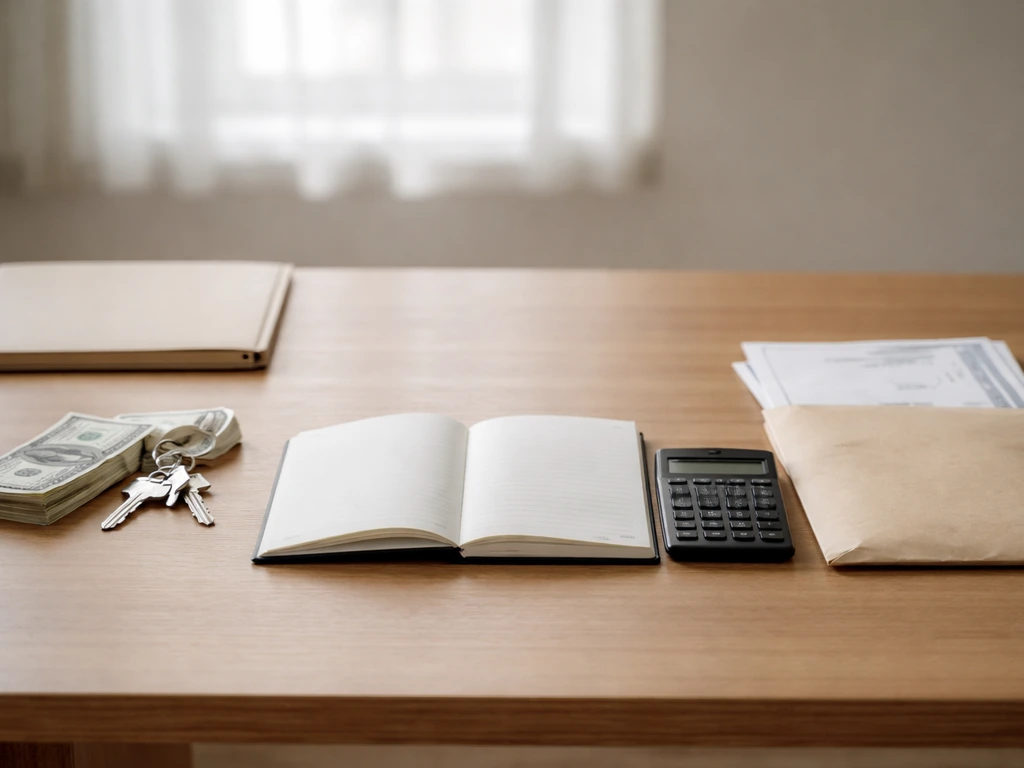 Minimal office desk with cash, keys, and a sealed envelope implying assets versus debts.