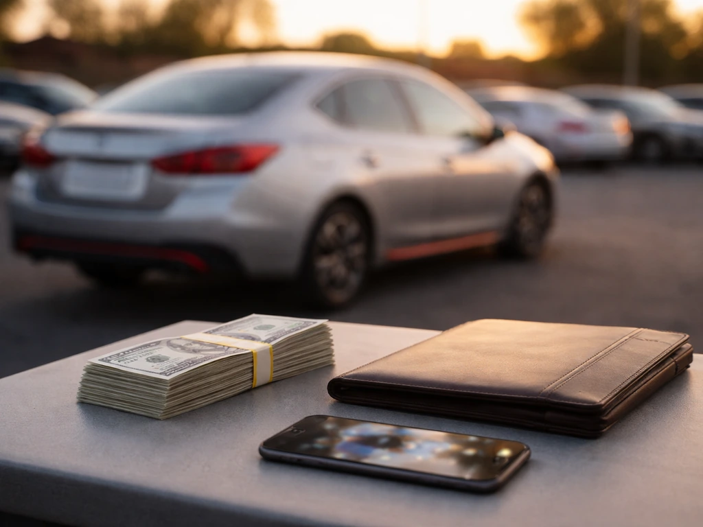 Car lot finance scene with a Carvana-style vehicle, cash-like assets on a desk, and acquisition context