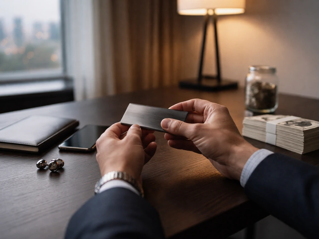 Anonymous hands in a modern office with coins and blank cash-like papers beside a city-view window.