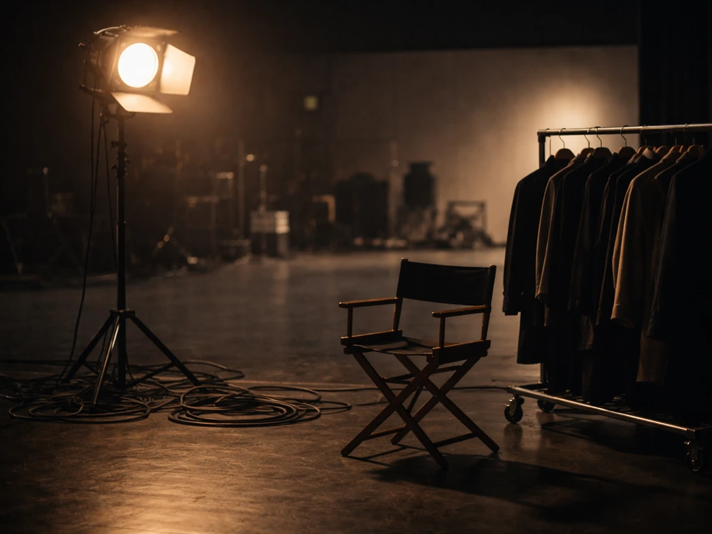Minimal premium TV set scene with a production light, cables, and a desk prop suggesting profitable drama work