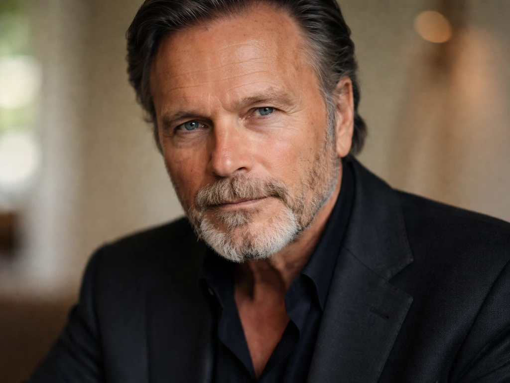 Close-up of a well-groomed older man in a classic dark suit, neutral background, cinematic natural light