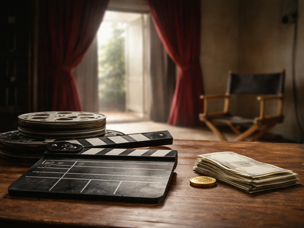 Minimal photo showing film clapper, cash-like props, and a studio door hinting phased career growth