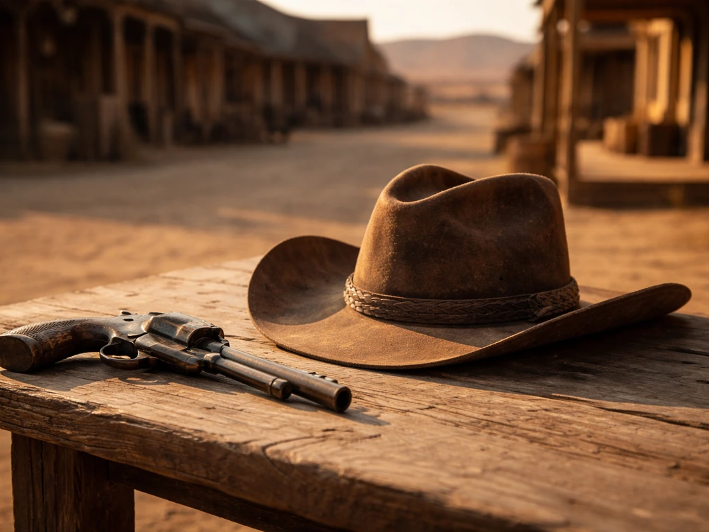 Dusty spaghetti western set with a cowboy hat and revolver resting on a weathered table