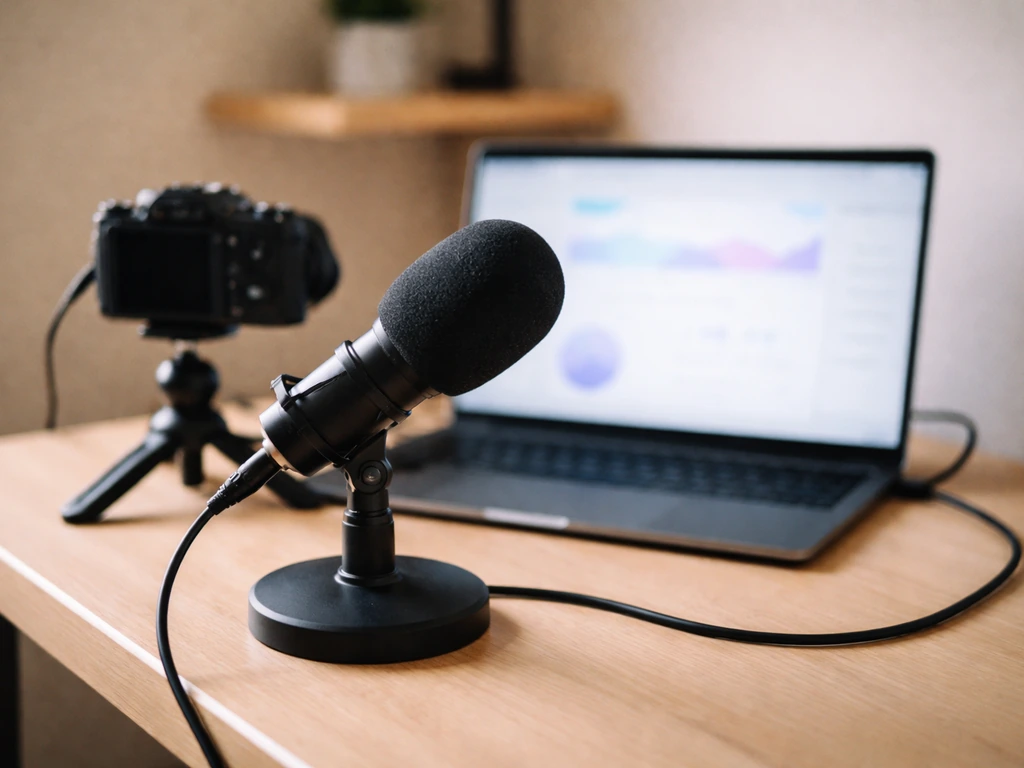 Close-up of a creator studio desk with a camera, microphone, and a lit monitor showing abstract analytics
