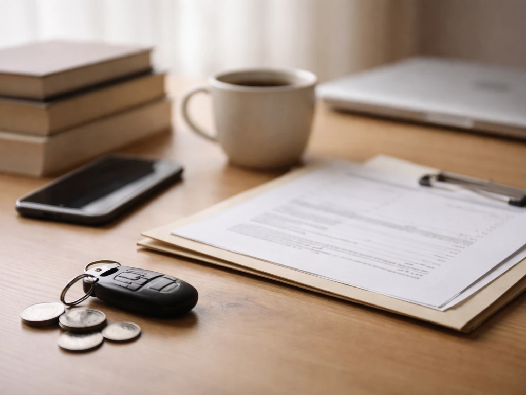 Minimal desk with coins, documents, phone, and coffee symbolizing private assets and uncertain net worth claims.