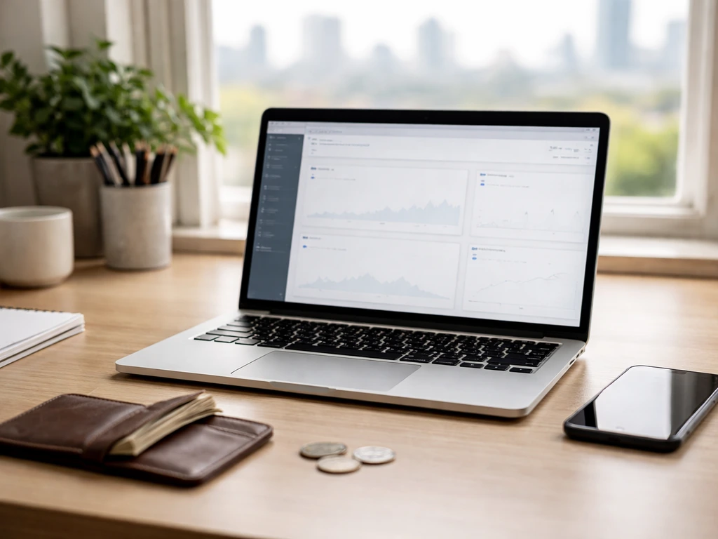 Minimal workspace with a laptop, smartphone, and wallet, suggesting estimating net worth from public signals