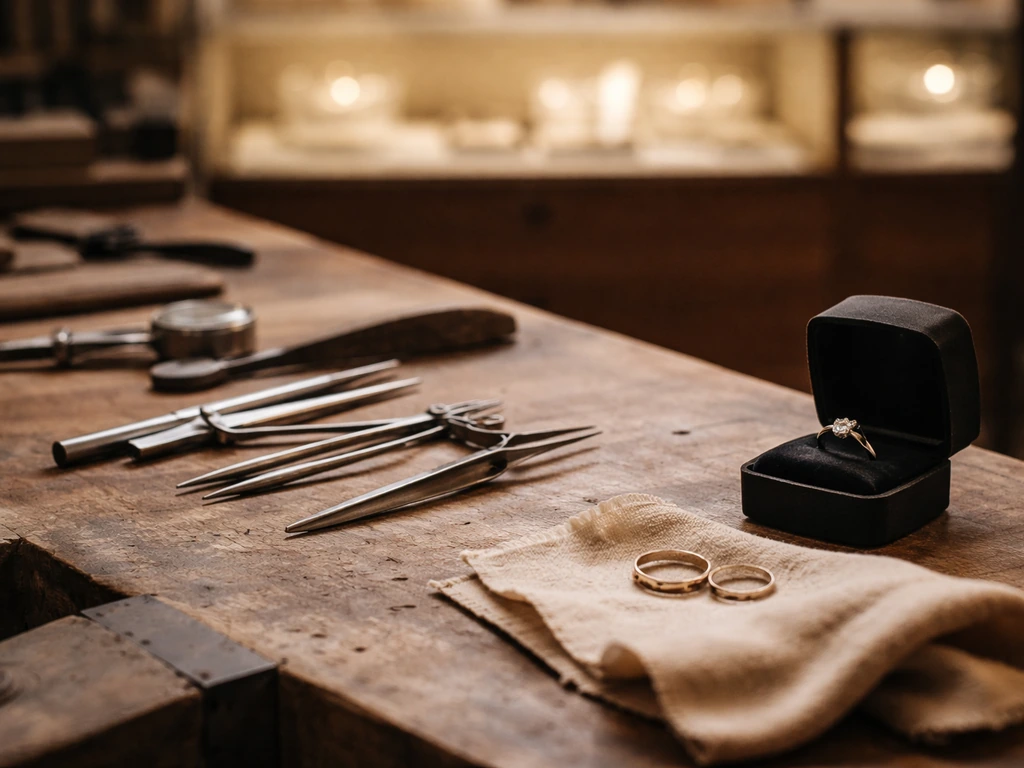 Close view of a jewelry workshop bench with tools and a small ring box, symbolizing a master jeweler business.