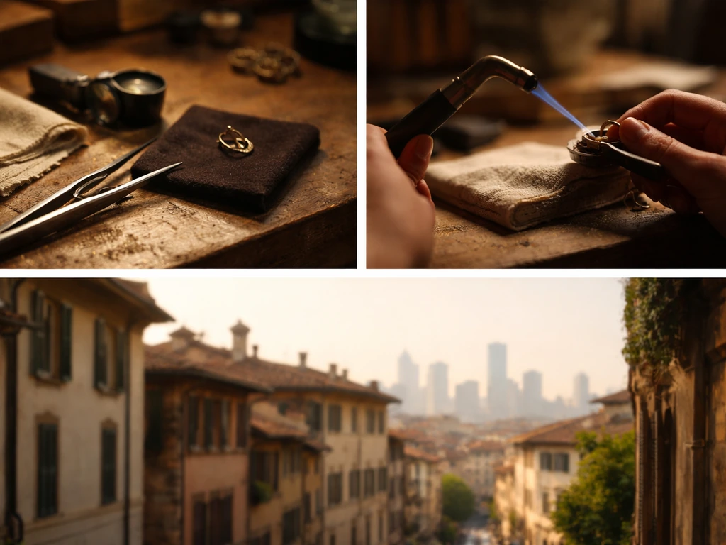 Minimal collage-style photo showing jewelry-making tools and a distant city skyline for a family business legacy
