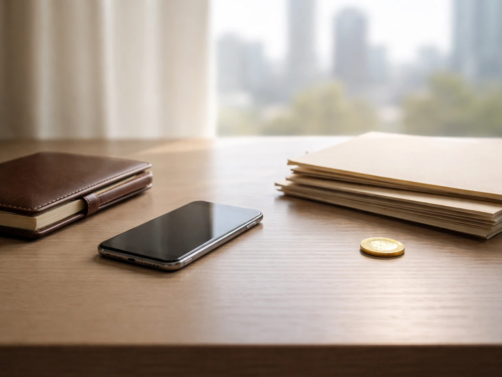 Minimal office desk with a gold coin and paper folders symbolizing a net worth range estimate.