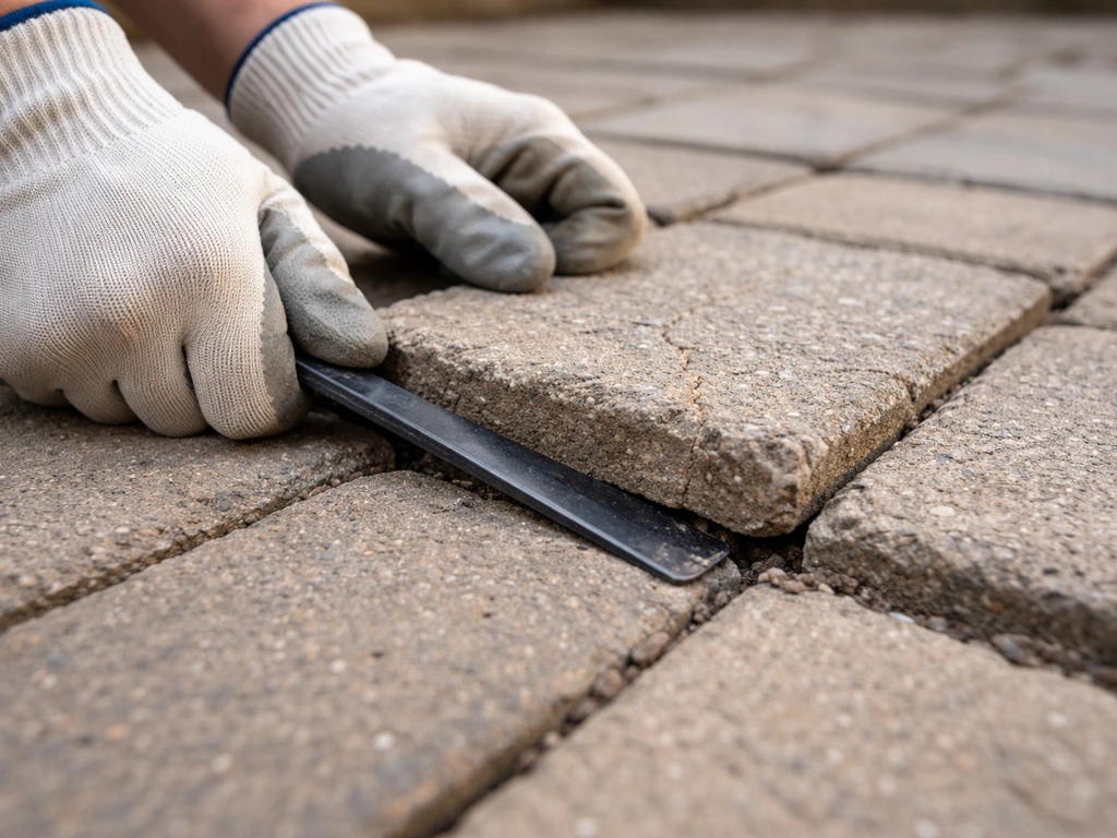 Gloved hands using a flat pry bar in a paver joint to lift a damaged patio paver carefully.
