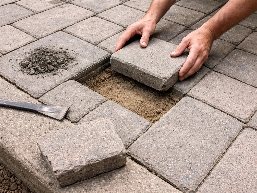 Anonymous hands placing a replacement concrete paver into an open gap beside a broken removed piece.